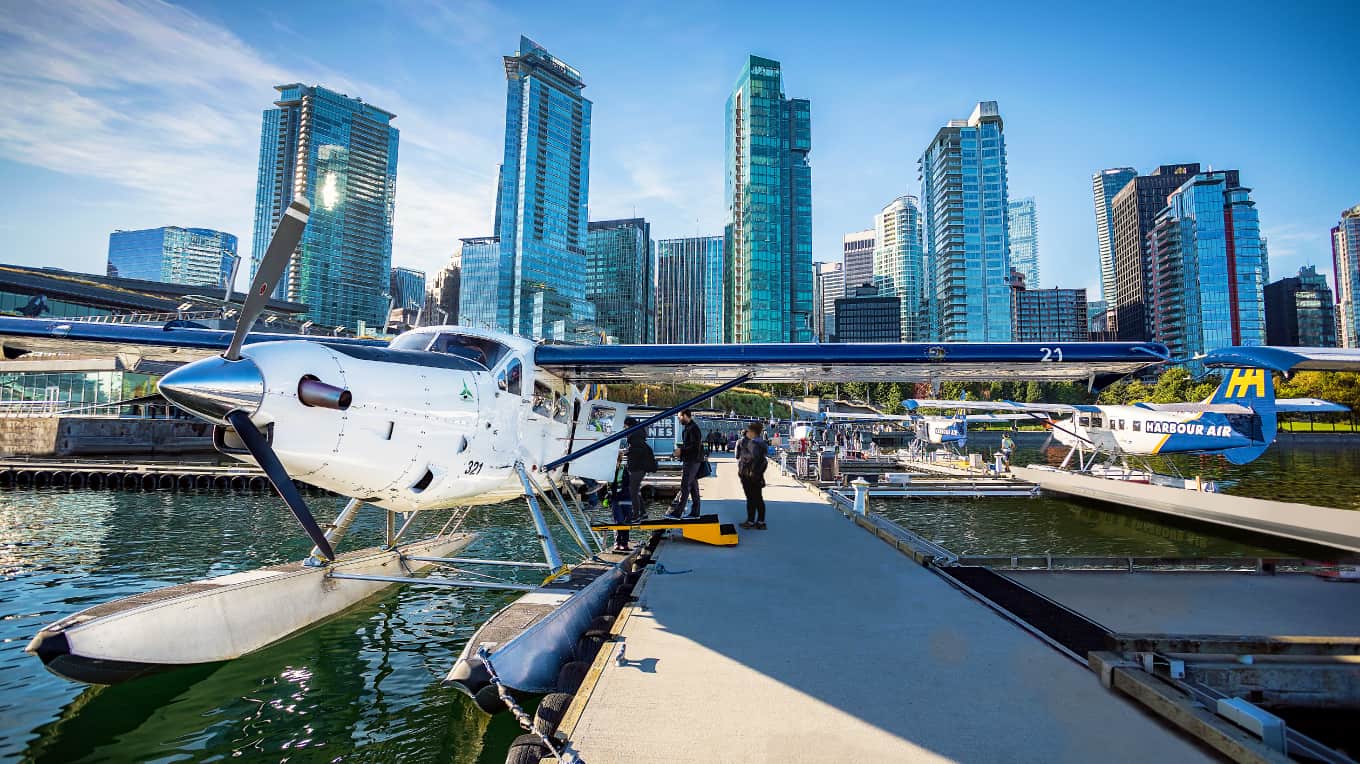 A Harbour Air seaplane docked at the downtown Vancouver location