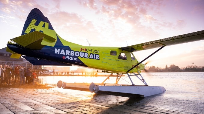 a Harbour Air electric plane in the harbour