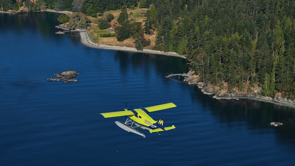 A Harbour Air eplane flying along BC's coast